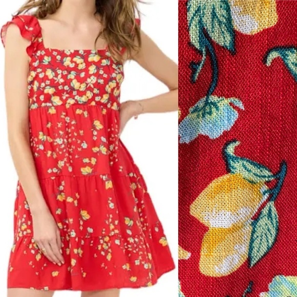 Lauren Conrad Red Lemon Print Dress with Back Tie NWT - Picture 1 of 15